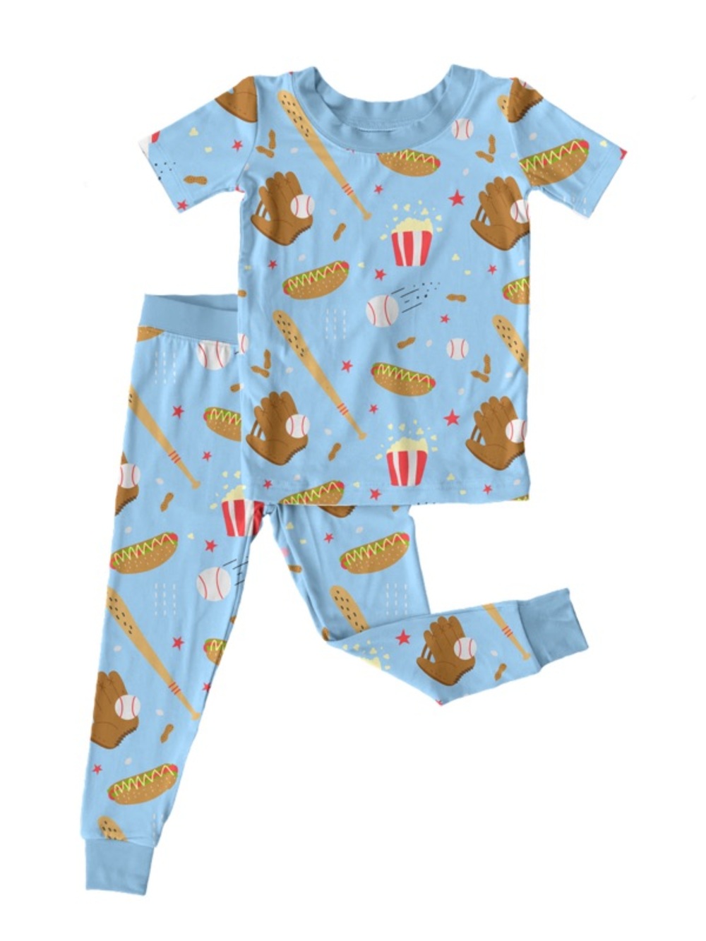 Ducky Dreams Blue Baseball & Snack Print Bamboo Pajama Set 3T 4T 5T